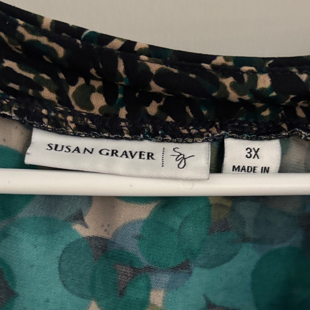 Susan Graver Teal and Black Abstract Blouse - Picture 2 of 3